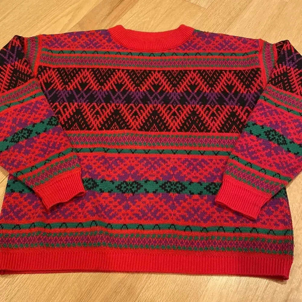 Lizwear Vintage 80s Cotton Crewneck Sweater Red striped small holiday ugly